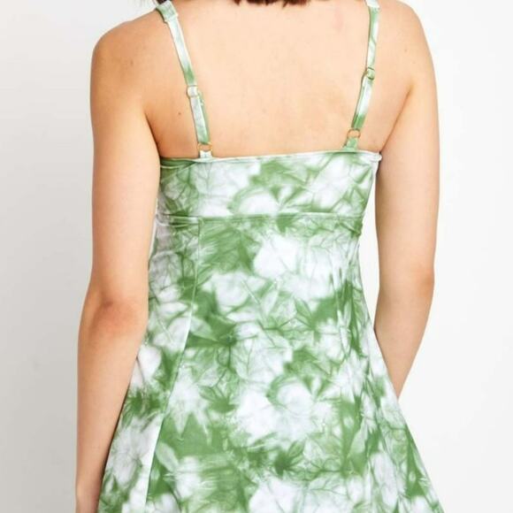 OLIVE Green & White Tie Dye Front Tie Swimdress - SMALL - Picture 2 of 2